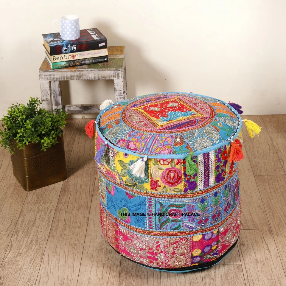 Indian Vintage Patchwork Pouf Ottoman Round Ottoman Cover Footstool Ethnic 18" - Image 1 of 3