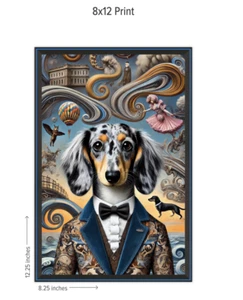 Dachshund Wall Art Vintage Animal Portrait Sausage Dog In Suit Print Surrealist - Picture 1 of 2