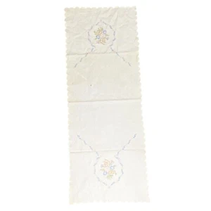 Bufanda tocador vintage blanca de algodón bordado floral bordes festoneados 15x39" - Imagen 1 de 8