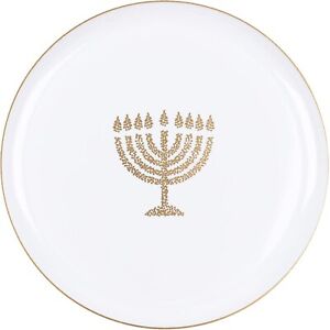 8.6 in Round Plastic Plates Heavy Duty Hanukkah Dinner Plates White Gold