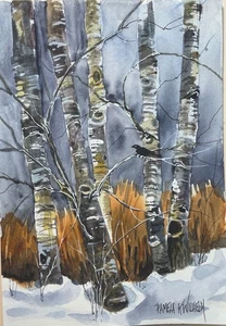 5x7 Pamela Wilhelm Original Aquarell Espen oder Birken Herbst Krähe - Bild 1 von 1