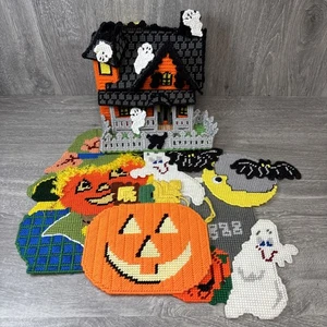 Vintage Halloween Haunted House Candy Bowl Yarn Plastic Canvas Finished Piece - Picture 1 of 18