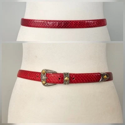 Cinto vintage tamanho 32 30-34" ocidental gravado 2 tons ponta fivela couro de cobra vermelho  - Imagem 1 de 4