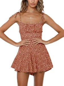 Women's Boho Floral Wide Leg Short Romper Spaghetti Strap Smocked Jumpsuit - Picture 1 of 47