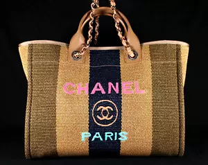 CHANEL Khaki & Tan Striped Raffia Logo Embroidered Large DEAUVILLE Tote Bag GHW - Picture 1 of 15
