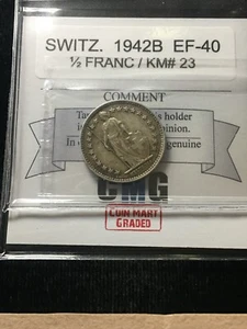 1942 B  Switzerland, 1/2 Franc, Coin Mart Graded**EF-40** KM# 23 - Picture 1 of 8