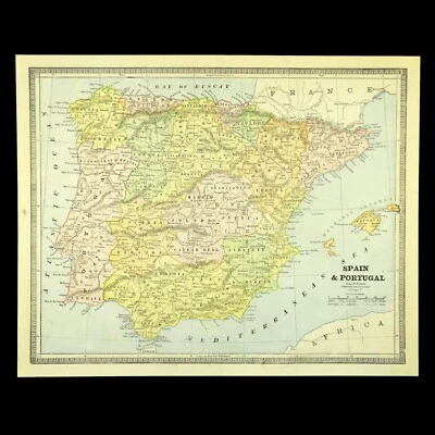 ca 1884 Vintage SPAIN Map Wall Art Decor Portugal Original Barcelona Madrid - Image 1 of 4