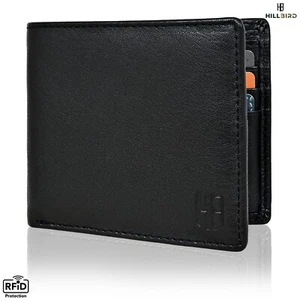 "HILL BIRD" Mens RFID Blocking Bi-fold Wallet Soft Genuine Leather Black Western - Picture 1 of 5