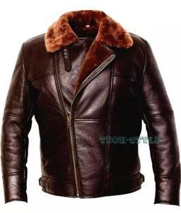Men's Aviator Brown B3 Real Shearling Sheepskin Leather Bomber Flying Fur Jacket - Picture 1 of 5