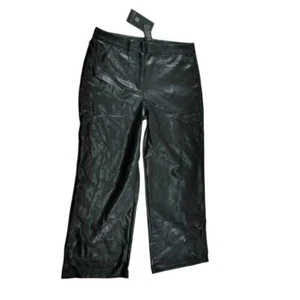 Sleek Black Faux Leather Wide Leg Pants High Waisted Cropped Length Size L - Picture 1 of 12