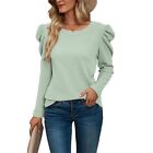 Puff Sleeve Shirts Neck Waffle Knit Top Long Sleeves T Shirt(Pea Green L) NOW