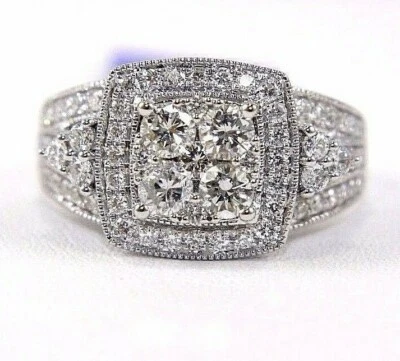 Anillo de dama con racimo cuadrado de diamantes redondos naturales de oro blanco de 14 k de 1,50 quilates Foto 1 de 4