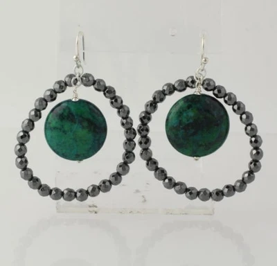 NEW Hematite & Chrysocolla Earrings - Sterling Silver Genuine Women's Dangle - Image 1 of 4