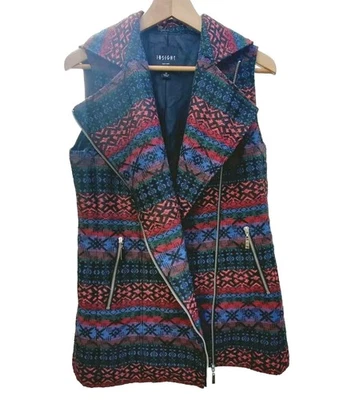 Chaleco Insight NY Boho Artístico Tapiz Cuadros Túnica Cremallera Asimétrica Borgoña Talla 10 Foto 1 de 4