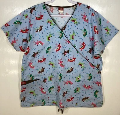 Christmas Scrub Top womens size XL Holiday Winter Reindeer blue pink brown red - Image 1 of 4