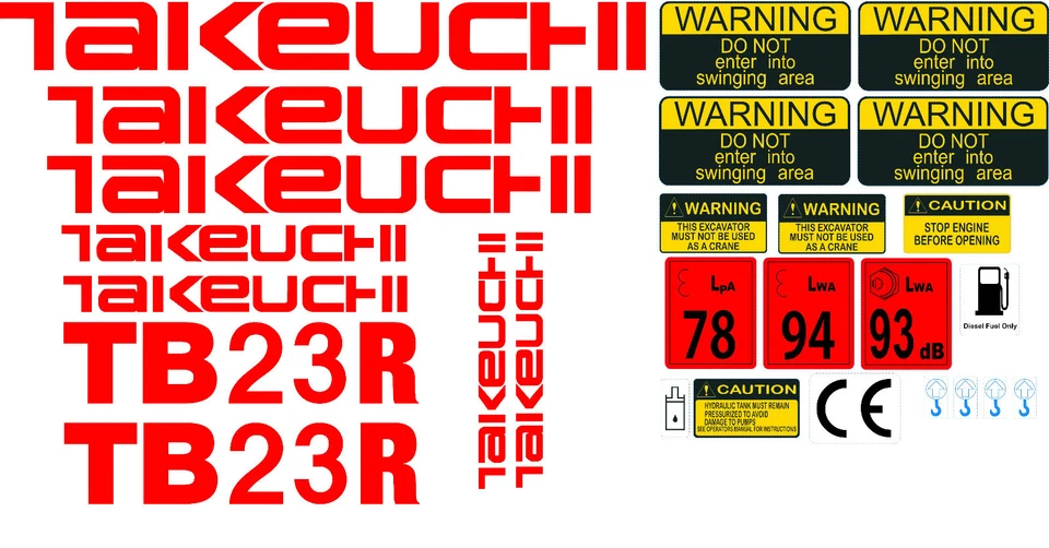 Takeuchi TB23R Mini Bagger Komplette Aufkleber Satz mit Sicherheit Warnzeichen - Bild 1 von 1