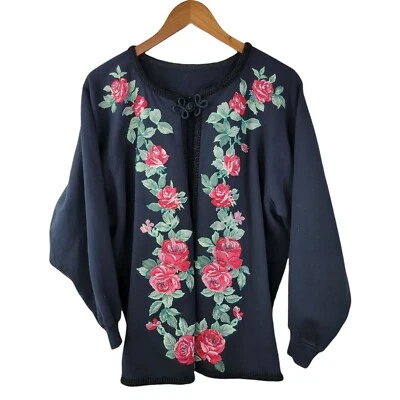 Cárdigan Sudadera Vintage Talla Mediana Grande Abuela Negro Rosa Rosa Puff Pintura Foto 1 de 4