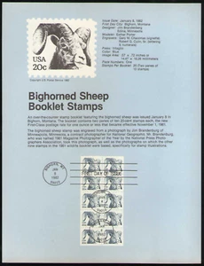 US. SP573. 1949a. 20c. Bighorned Sheep Booklet Pane of 10. Souvenir Pages.1982 - Picture 1 of 1