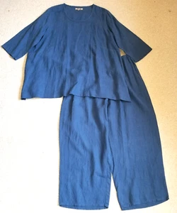 Set pantaloni donna-LINO-blu navy 100% lino gamba larga pull-on-1G (18-20) - Foto 1 di 8