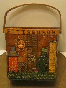 Mid Century Hand Painted Picnic Basket Style Purse PITTSBURGH Landmarks!!!! - Picture 1 of 10