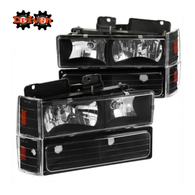 88-93 Chevy C10 Silverado Headlights +Turn Signal + Corners 8pcs Black Housing - Image 1 of 2