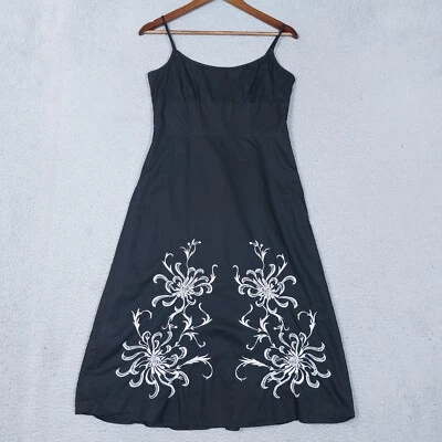 Ann Taylor Loft Sundress Women 4 Black Floral Embroidered Fit Flare Midi Modest - image 1 of 4