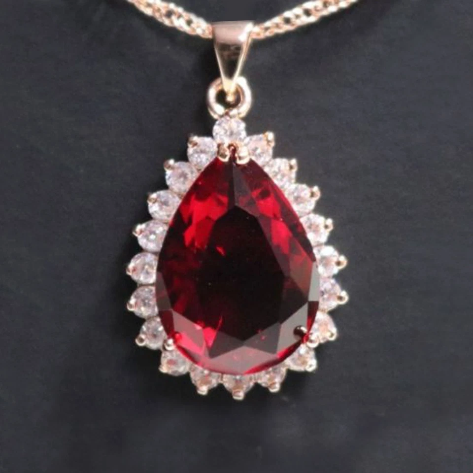 Ruby Red Teardrop Pear Pendant Necklace Chain 18" 14k Rose Gold Plated - Image 1 of 1