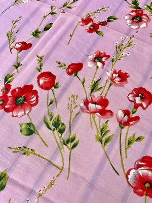 VTG MCM MOD 60'S PINK RED POPPY BOLD FLORAL PRINT SHEER CHIFFON FABRIC 82"x44"  - Image 1 of 3