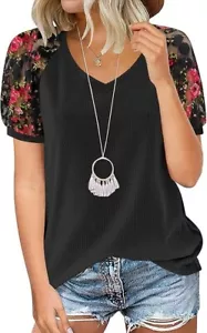 NWT Miholl Women's Sz XL Lace Sheer Sleeves V Neck Shirts Loose Casual Tops - Picture 1 of 13