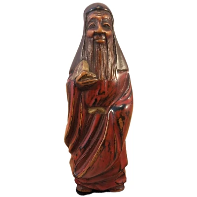Antiguo japonés Negoro madera lacada Netsuke Tobosaku Sennin melocotón inmortal​ Foto 1 de 4