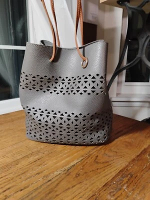 Medium Gray Faux Leather Bucket Purse - Image 1 of 4