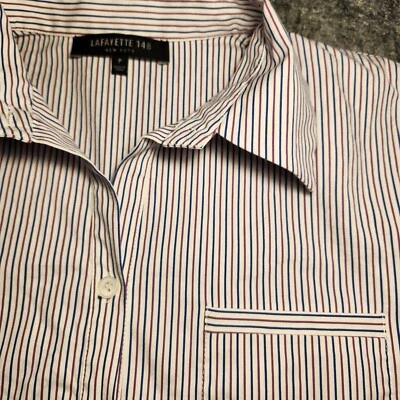 Blusa para mujer Lafayette 148 New York talla P a rayas granate azul marino manga con lengüeta enrollable  Foto 1 de 4