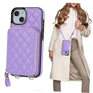 Crossbody Wallet Case for iPhone 13, RFID Blocking PU Leather Zipper Purple - Picture 1 of 8