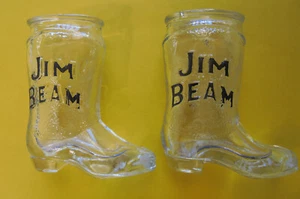 TWO JIM BEAM USA ISSUED BOOT SHOT GLASSES WITH BLACK JIM BEAM MARKING - Picture 1 of 3