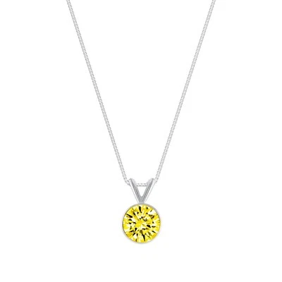 1.50 Ct Round Cut Canary Solid Real 18K White Gold Bezel Pendant 18" Necklace - Image 1 of 3