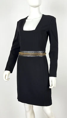 $2K Emilio Pucci 8 US 42 IT M Black Wool Leather Chain Dress Cocktail Zip Runway - Image 1 of 4