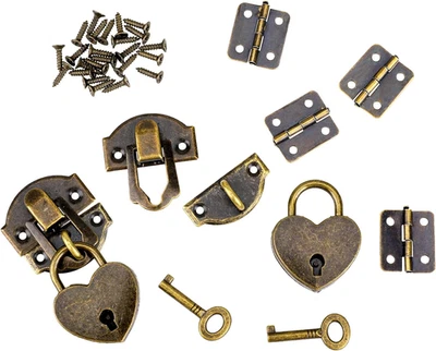 2 conjuntos de dobradiças antigas de bronze com trava Hasp 27X30Mm mini caixa com chaves e parafusos - Imagem 1 de 4
