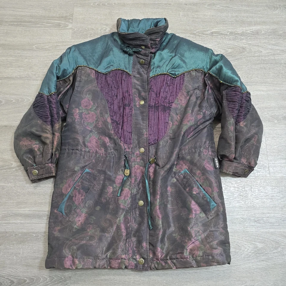 De Colección Años 80 Izzi Colorblock Iridiscente Cachemira Rosas Puffer Chaqueta Abrigo Largo Medio M Foto 1 de 4