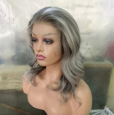 Peluca de cabello humano 100 % frontal de encaje 13x4 rubia con reflejos grises 14 pulgadas para diario Foto 1 de 4