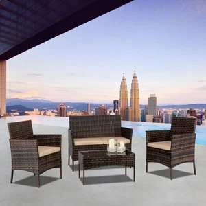 4PCS Office Patio Rattan Wicker Furniture Set Cushioned Chair Glass Table Top US - Picture 1 of 12