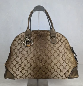 Auth Gucci GG Lurex Heart Bit Canvas Handbag Brown/Bronze Made in Italy - Picture 1 of 13