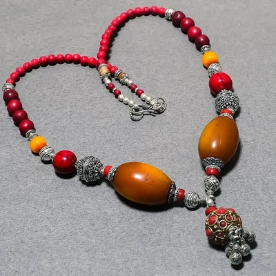 Collar Joyería Bohemio Nepalí Boho Hecho a Mano Amarillo Ámbar Rojo Ónix 18" SR 687 Foto 1 de 4