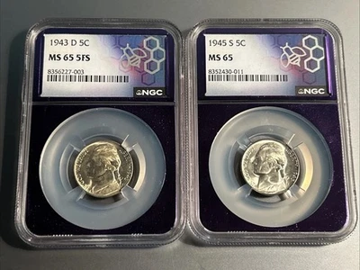 Lot Of 2 War Nickels Graded By NGC In Traderbea Cores. 43D In 65 5FS & 45S In 65 - Image 1 of 2