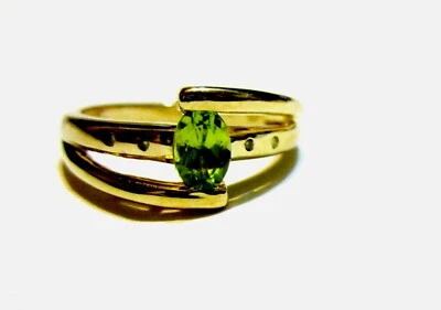 14K Yellow Gold Green Peridot Oval & White Diamond Ring, Size 7, 0.42(TCW), 3.7G - Image 1 of 4
