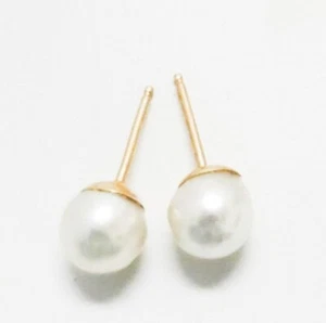 14k Solid Yellow Gold 6.5mm Genuine Gold PEARL Stud Earrings - Picture 1 of 3