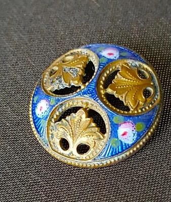 BEAUTIFUL Antique Button,Blue With Pink Roses Enamel,Vintage Collectible Buttons - Image 1 of 3