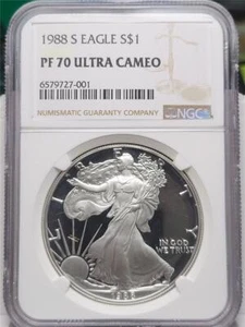 1988-S AMERICAN SILVER EAGLE PROOF GRADED NGC PF 70 ULTRA CAMEO KEY DATE - Picture 1 of 2