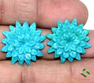 23x23 mm Natural Turquoise Handmade Carving Pair 22.19 CTS Loose Gemstones - Image 1 of 4