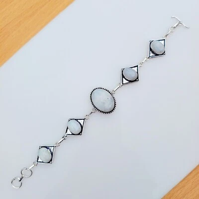 Moonstone Gemstone Bracelet Sterling Silver Handmade Adjustable Jewelry All Size - Image 1 of 4