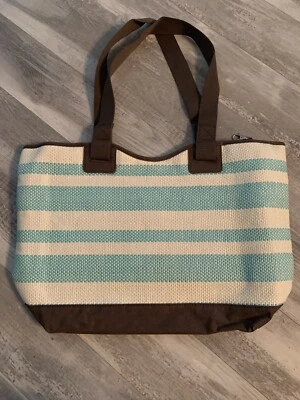 Thirty One bags XL Canvas Crew Tote Teal Straw Stripe RV$65 - Image 1 of 4